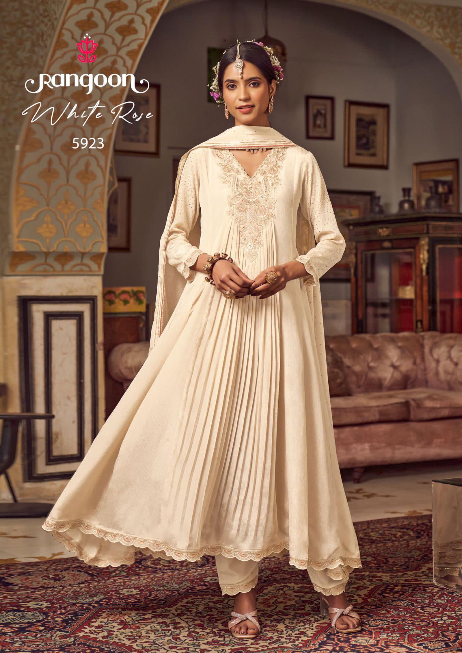 Whiterose By Rangoon Chinon Kurti Bottom With Dupatta Wholesale In India